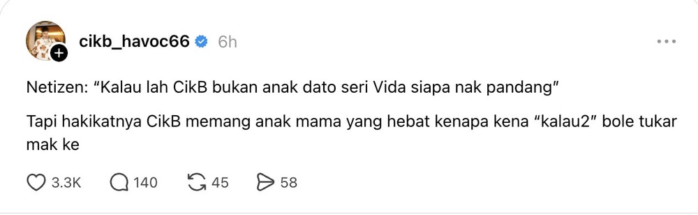 Image from: Dikata untung lahir dalam keluarga berduit, Cik B sekolahkan netizen – “Kenapa, nak tukar mak ke?”