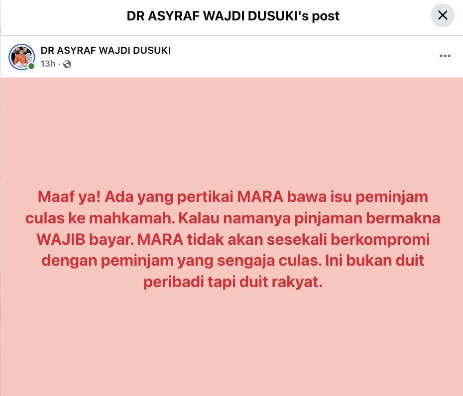 Image from: Peminjam sengaja culas? MARA takkan kompromi! Setiap sen duit rakyat wajib dibayar – Asyraf Wajdi