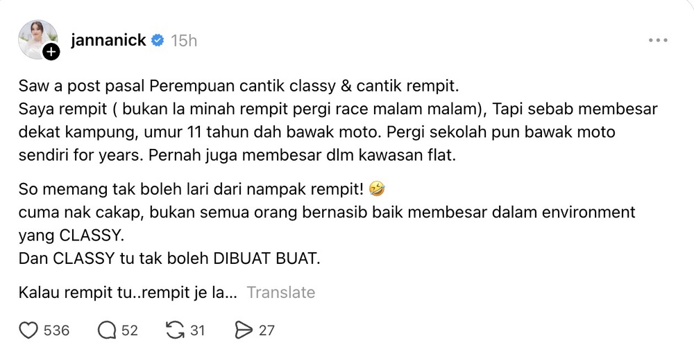 Image from: Nampak rempit! Janna Nick akui tak semua beruntung lahir dalam suasana classy