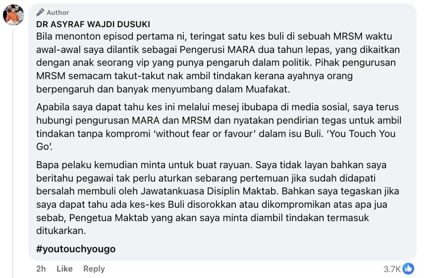 Image from: Bekas tentera warden MRSM: “Patut ramai minta tonton ‘Teach You A Lesson'” -Asyraf Wajdi