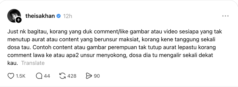 Image from: Isa Khan tegur netizen suka ‘like’ foto seksi unsur maksiat – “Tanggung sekali dosa tu”