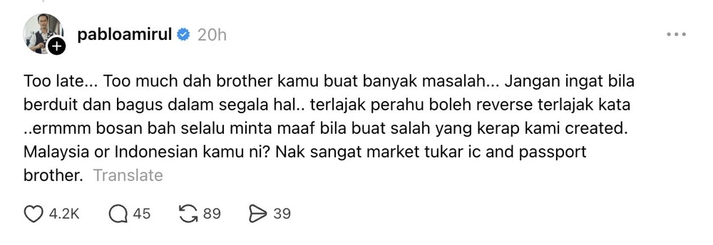 Image from: Pablo Amirul muak dengan permohonan maaf Aisar Khaled – “Dah terlambat selalu buat masalah”