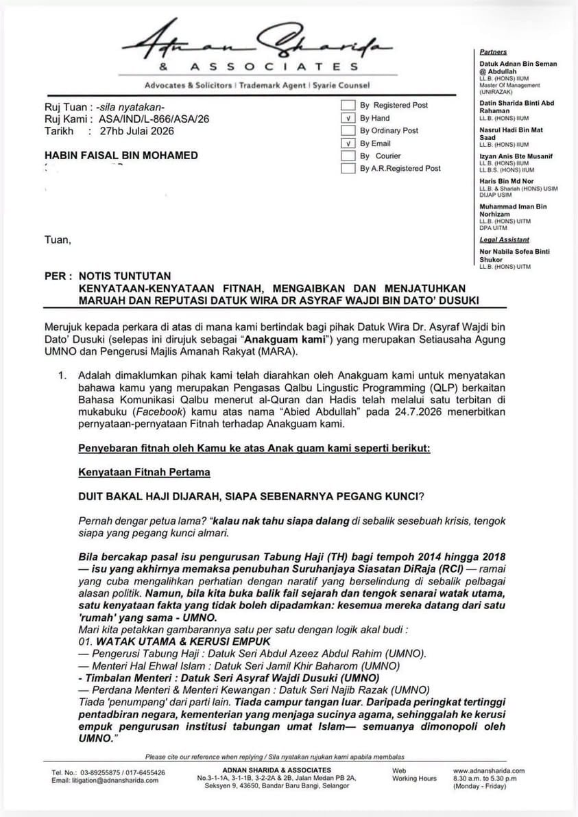 Image from: Isu Tabung Haji: Ini soal maruah! Asyraf Wajdi hantar LOD RM5 juta kepada dua individu