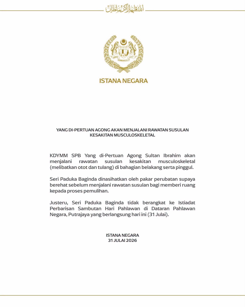 Image from: Agong tidak hadir Istiadat Hari Pahlawan, jalani rawatan susulan kesakitan musculoskeletal