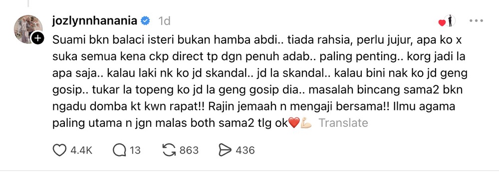 Image from: Ozlynn pesan, suami bukan ‘balaci’ isteri – “Masalah bincang bersama, bukan ngadu kat kawan”