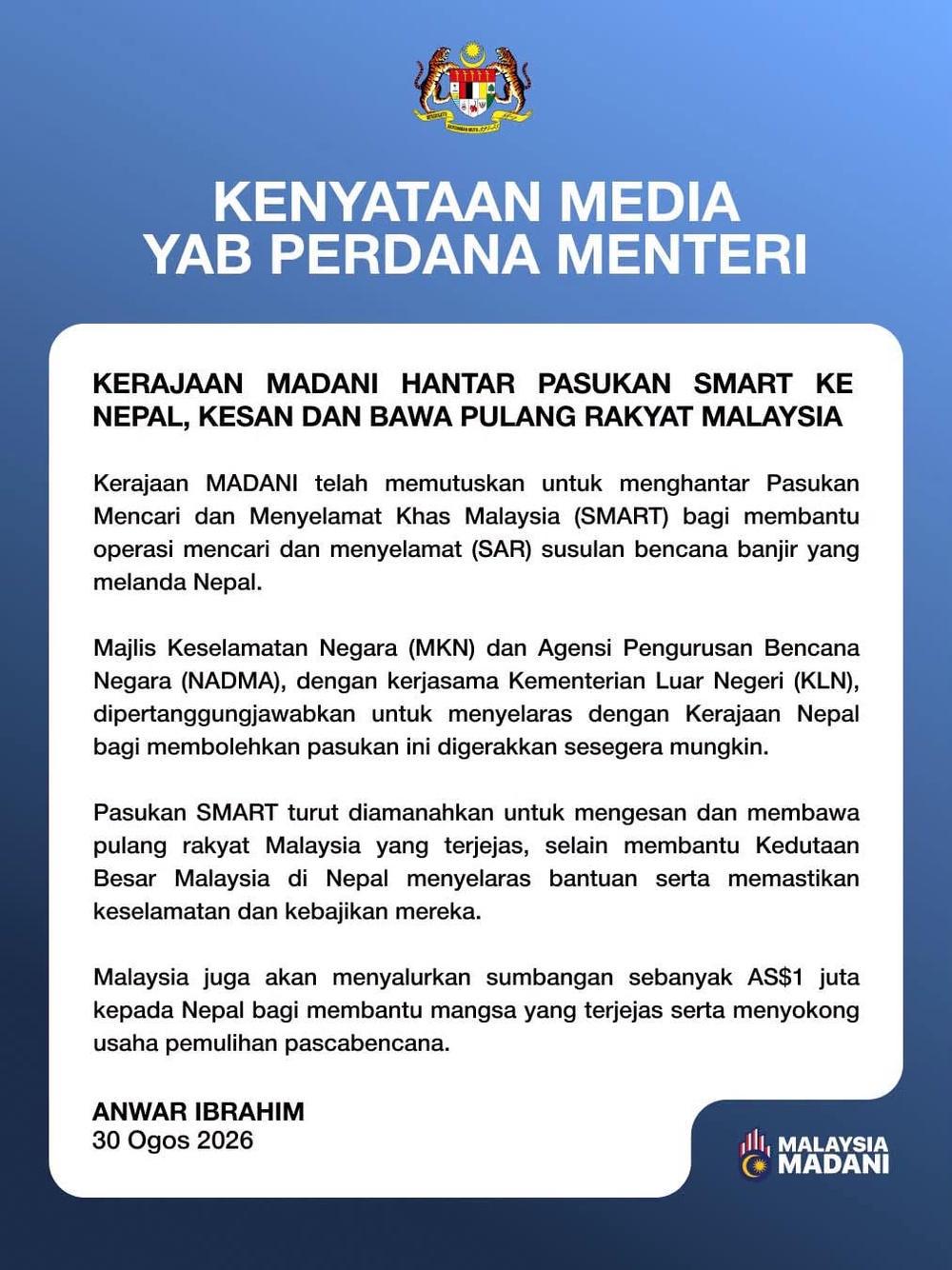 Image from: Banjir Nepal: Malaysia salur AS$1 juta, hantar pasukan SMART bantu SAR! Kesan & bawa pulang rakyat Malaysia terjejas
