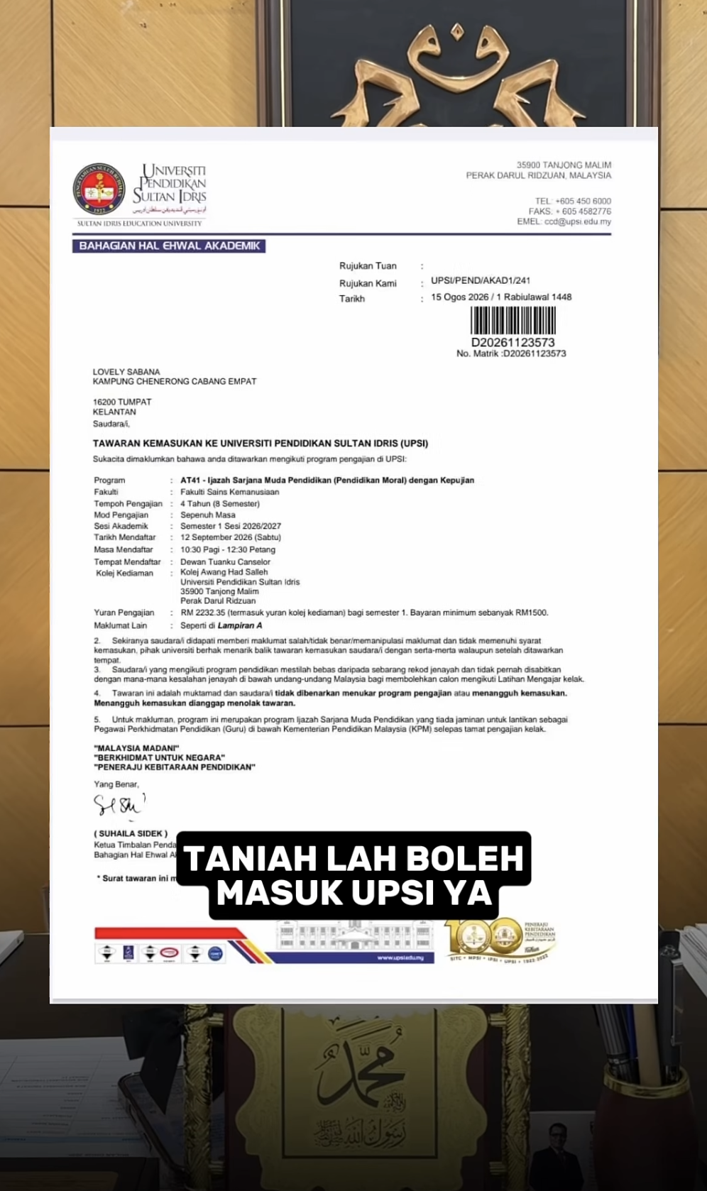 Image from: Tak cukup kos sambung belajar di UPSI, MARA tampil bantu Lovely Sabana ringankan beban