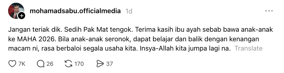 Image from: Menangis MAHA 2026 selesai, Mat Sabu pujuk kanak-kanak -“Jangan teriak dik, sedih Pak Mat tengok”