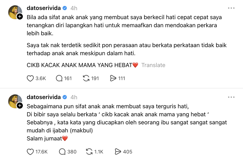 Image from: Tak mahu kata-kata jadi doa! Vida tetap panggil anak ‘hebat’ walaupun hati terguris