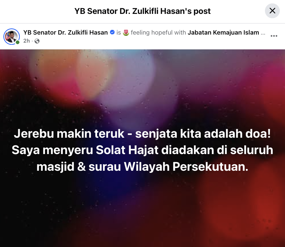 Image from: “Jerebu makin teruk, senjata kita adalah doa!” – Zulkifli seru solat hajat serentak di seluruh negara