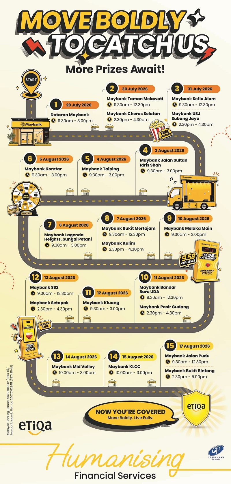 Maybank and Etiqa 'Move Boldly To Catch Us' roadshow schedule, showing 15 branch stops nationwide from 29 July to 17 August 2026, with games and prizes at each location.