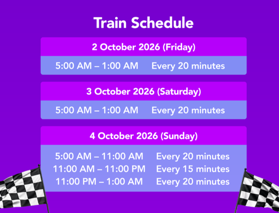 Train schedule graphic showing departures every 20 minutes from 5am to 1am on 2 and 3 October, and on 4 October from 5am to 11am and 11pm to 1am, with departures every 15 minutes from 11am to 11pm.