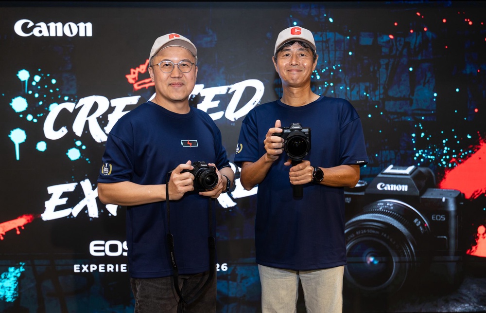 Canon Marketing Malaysia leaders holding the EOS R8 Mark II at the Created To Explore launch