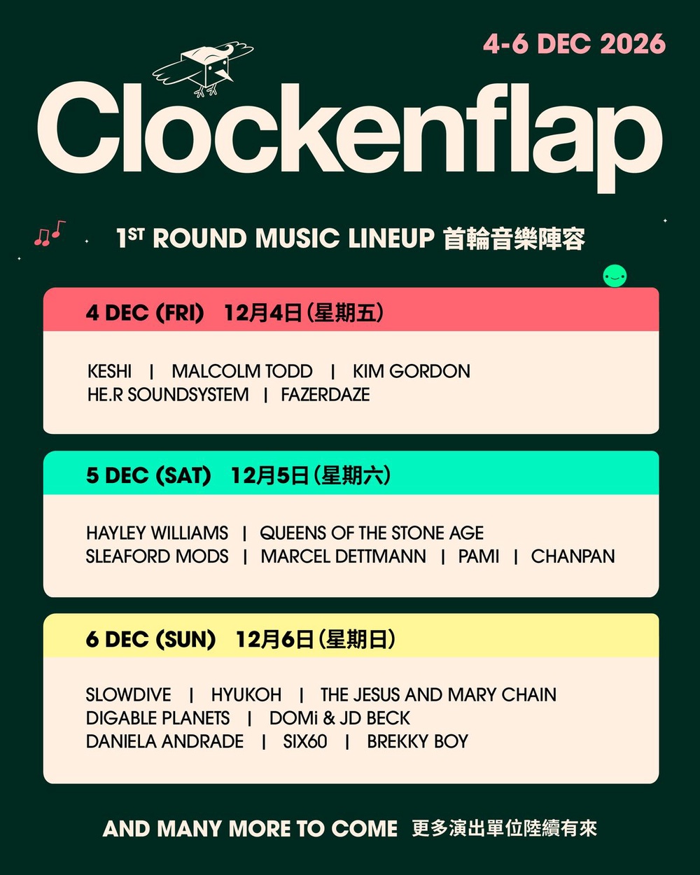 Clockenflap 2026 day-by-day lineup for 4 to 6 December