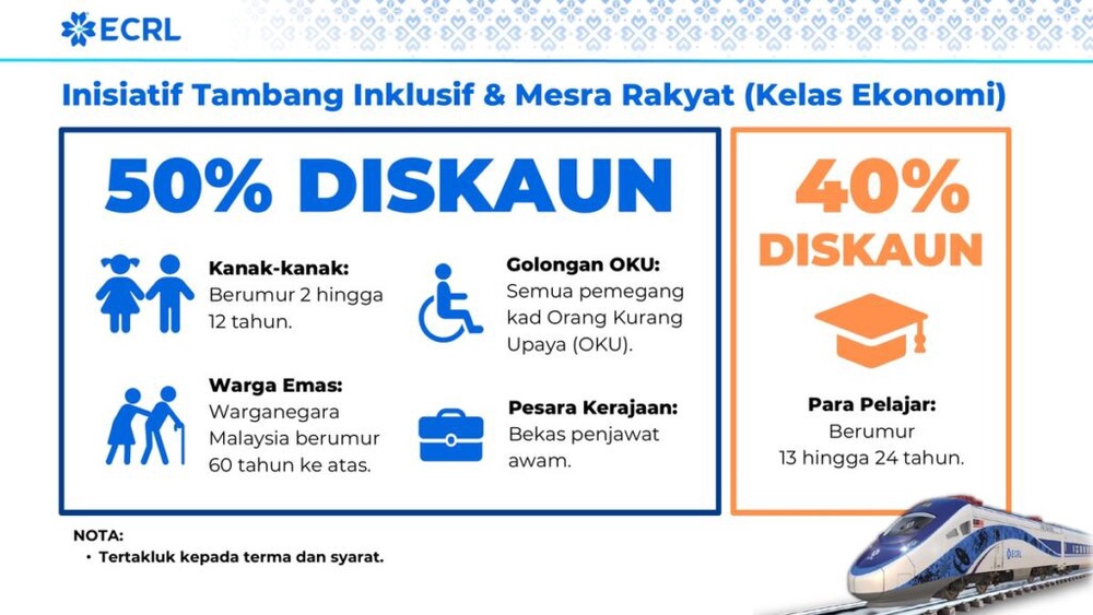 ECRL fares discount of 50 percent for children, seniors, OKU and pensioners and 40 percent for students