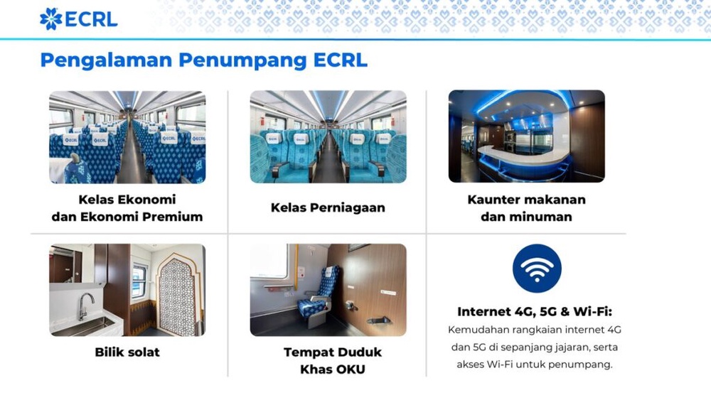 ECRL passenger facilities including Economy and Business class seats, food counter, prayer room and Wi-Fi