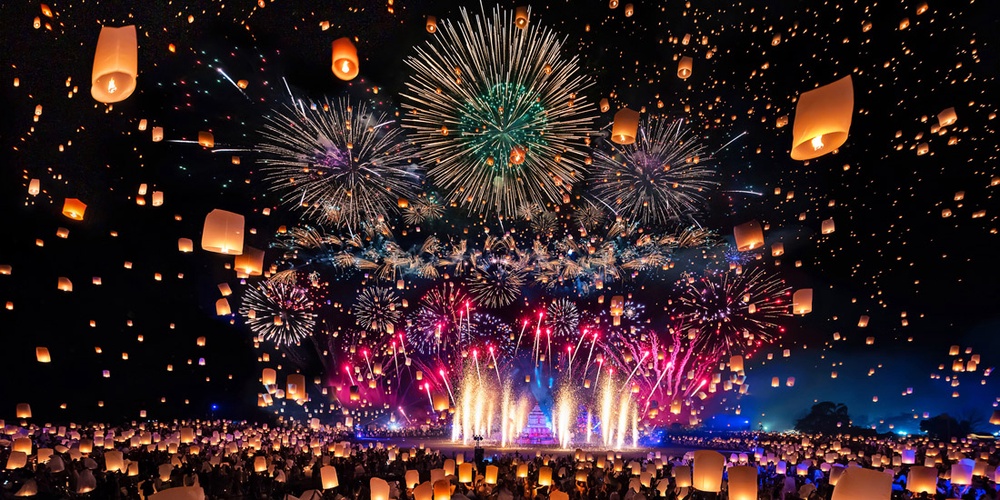 Sky lanterns and fireworks at a lantern festival in Chiang Mai by Joseph Goh