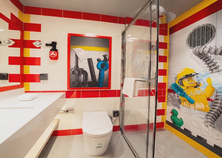 LEGO CITY themed bathroom with firefighter mural at LEGOLAND Hotel Malaysia