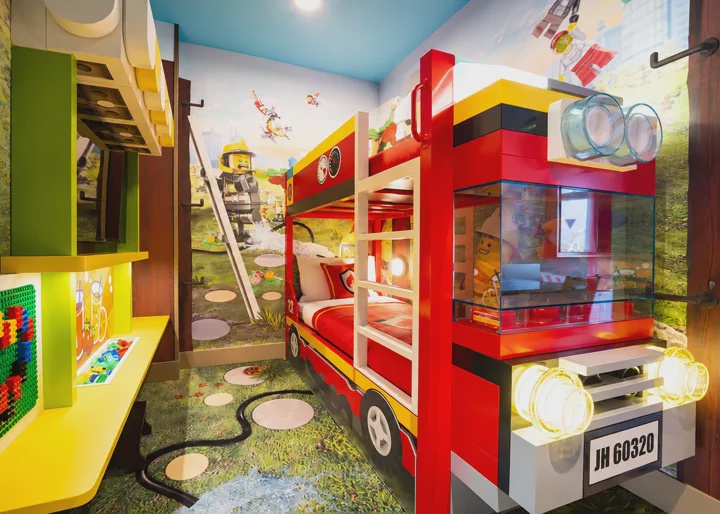 Fire truck bunk bed in LEGO CITY themed room for families in Johor