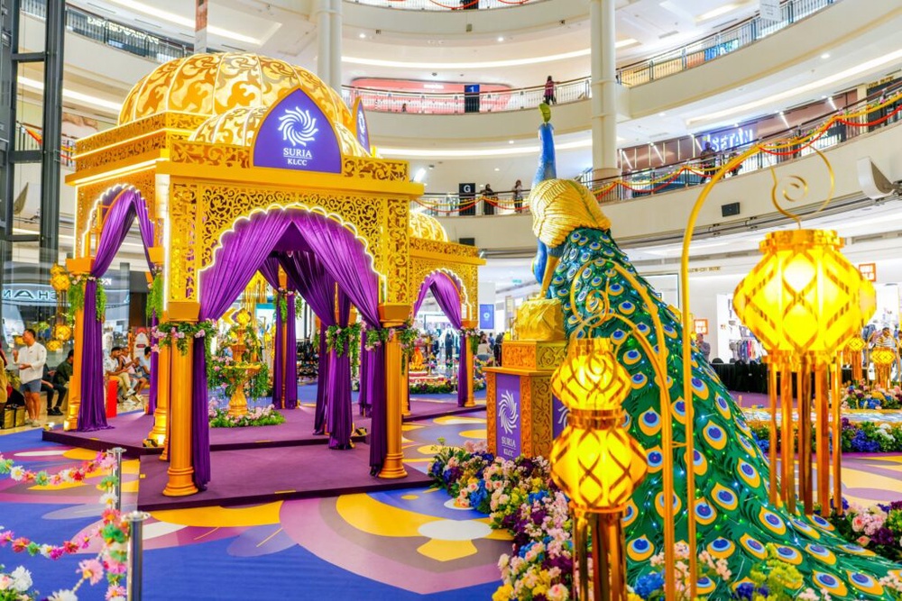 Grand Pavilion and 10-foot peacock at the Suria KLCC Deepavali courtyard