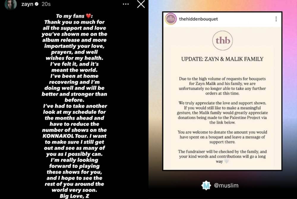 Image from: Zayn Malik’s family urges fans to donate to Palestine project instead of sending flowers amid health recovery