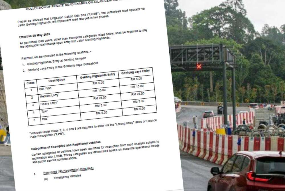 Image from: Road users in Genting Highlands charged tolls from RM3.30 to RM25 starting today, depending on vehicle class