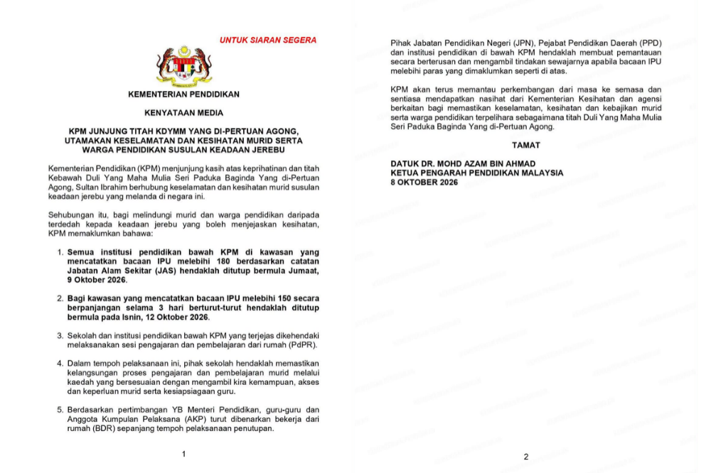Image from: Haze: Schools to close if API exceeds 180, or stays above 150 for 3 days