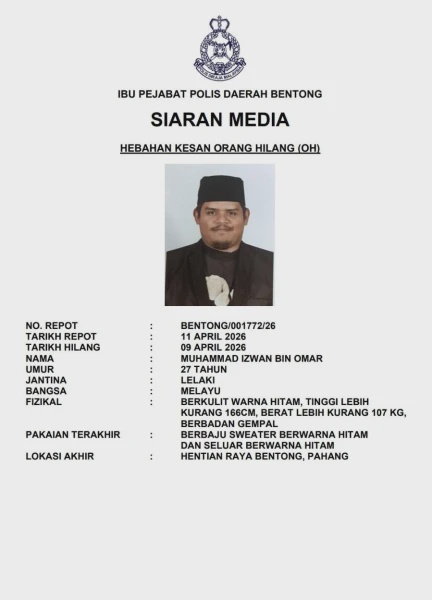 Image from: Dilapor Hilang Sejak 9 April, Polis Mohon Bantuan Kesan Muhammad Izwan