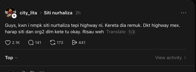Image from: Pengurus Sahkan Siti Nurhaliza Terlibat Kemalangan