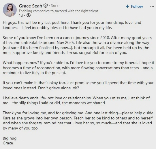 Image from: Pengurus HR Tinggalkan 'Catatan Terakhir' Di LinkedIn Sebelum Meninggal Dunia Akibat Kanser