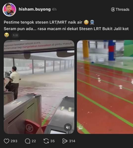 Image from: Orang Awam Kongsi Stesen LRT Dinaiki Air Selepas Hujan Lebat Petang Tadi