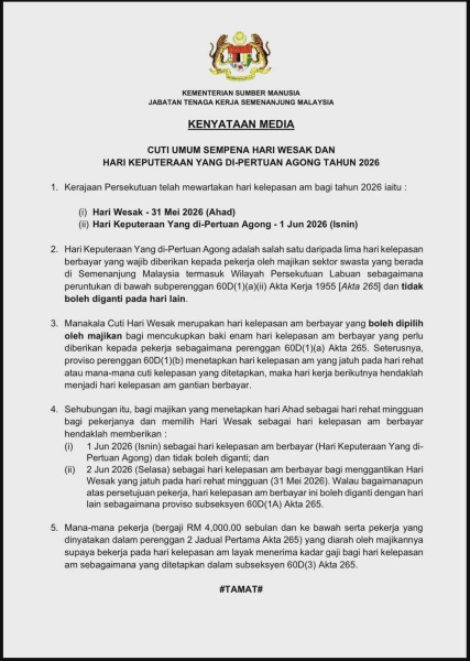 Image from: Pertindihan Cuti Hari Wesak Dan Yang di-Pertuan Agong, Ini Penjelasan JTKSM