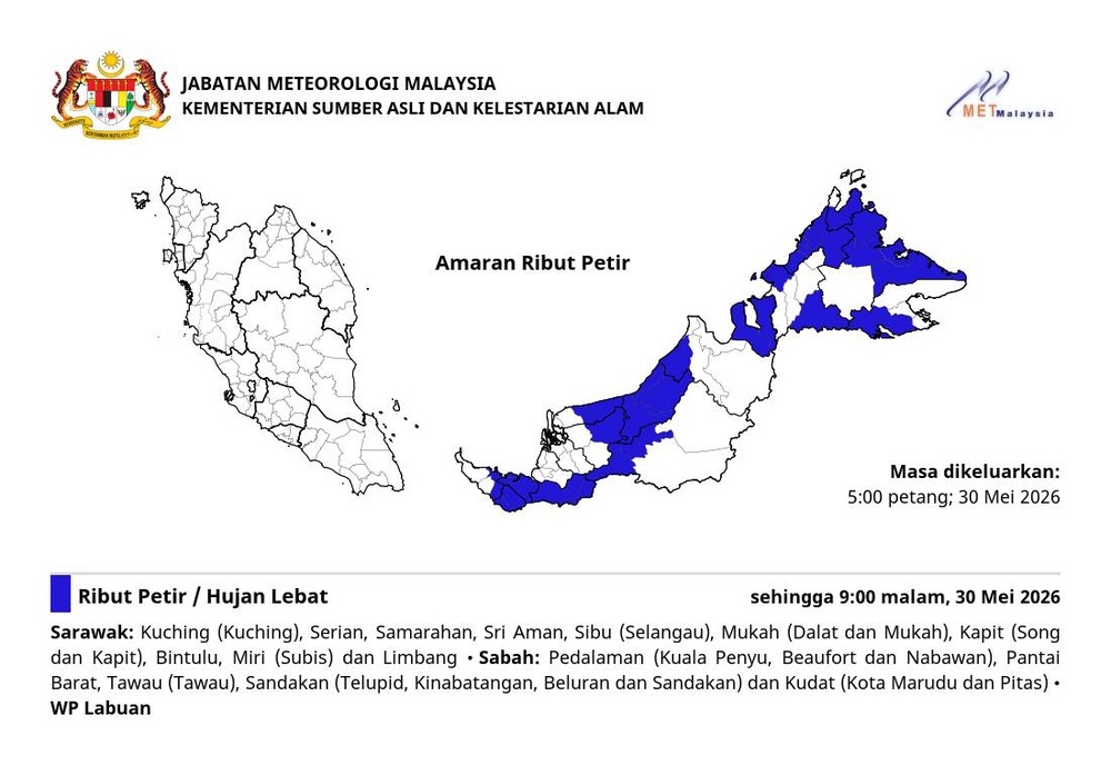 Image from: Amaran Hujan Lebat Di 2 Negeri & 1 Wilayah Malam Ini