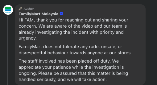 Image from: FamilyMart Siasat Isu Video Tular, Gantung Tugas Pekerja Yang Terlibat
