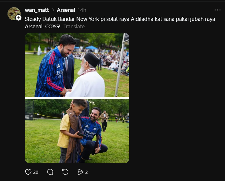 Image from: Zohran Kongsi Suasana Aidiladha Di New York, Sekali Baju Arsenal Pula Jadi Tumpuan