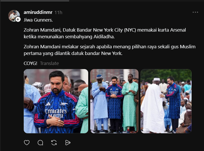 Image from: Zohran Kongsi Suasana Aidiladha Di New York, Sekali Baju Arsenal Pula Jadi Tumpuan