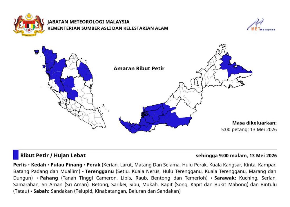 Image from: Waspada, Hujan Lebat & Ribut Petir Diramal Di 8 Negeri Hingga Malam Ini