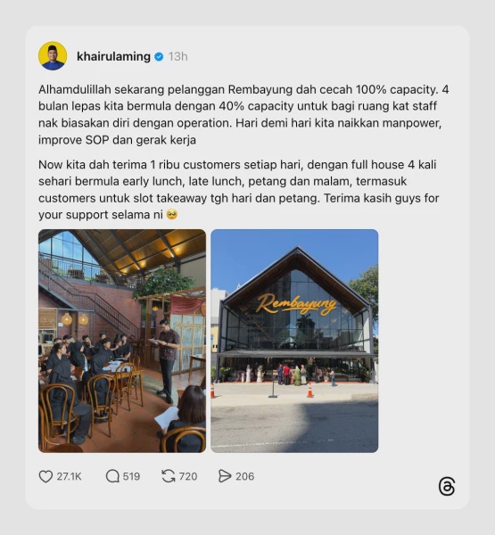 Image from: Pelanggan Rembayung Capai 100 Peratus Kapasiti, Kini "Full House" Setiap Hari