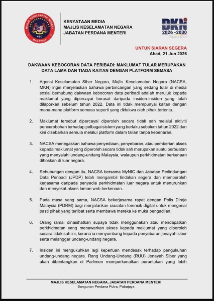 Image from: Kenyataan MKN Berhubung Dakwaan Kebocoran Data Peribadi