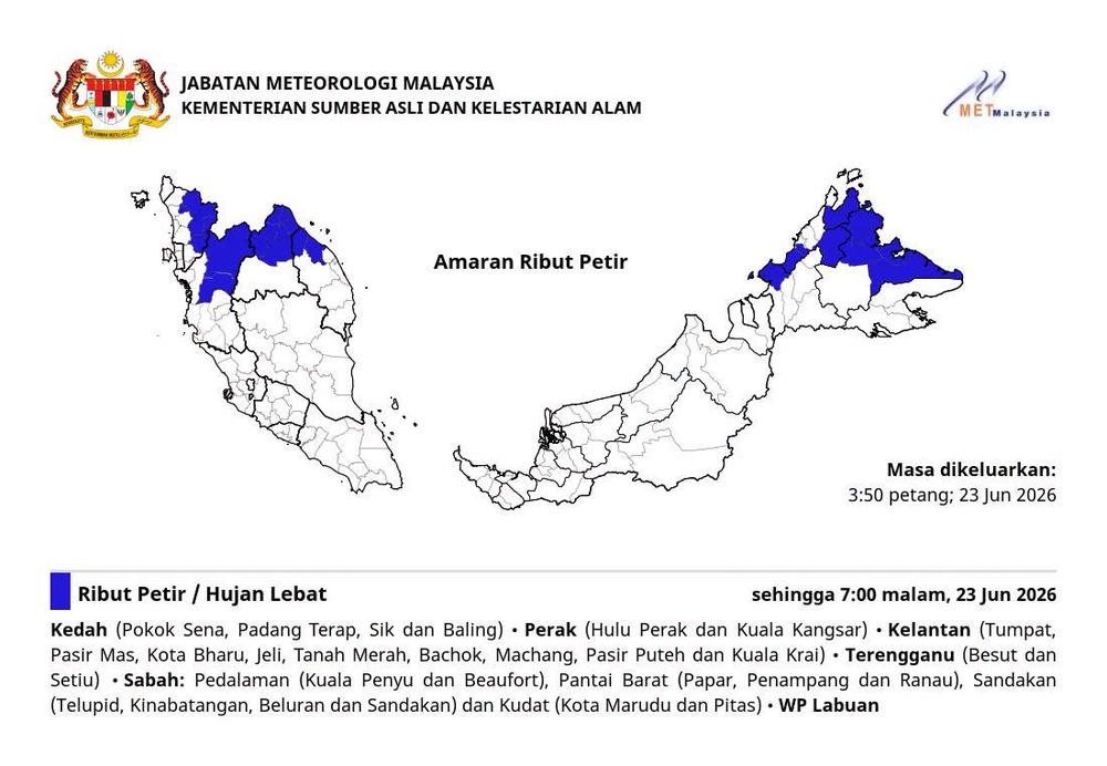 Image from: Amaran Hujan Lebat Di 5 Negeri & 1 Wilayah Hingga Malam Ini