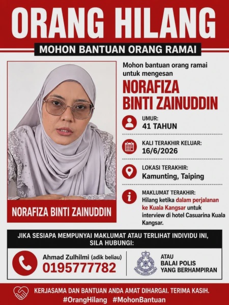 Image from: Wanita Dipercayai Hilang Selepas Keluar Hadiri Temu Duga