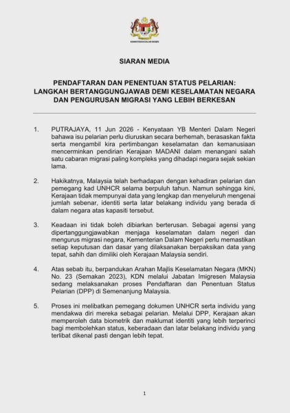 Image from: Kenyataan KDN Berhubung Pendaftaran & Penentuan Status Pelarian