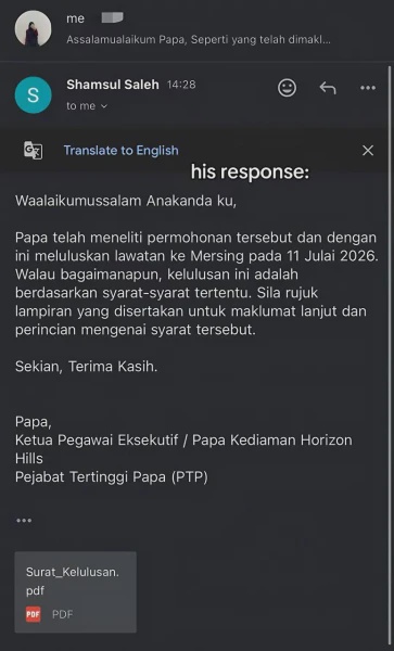 Image from: Wanita Minta Izin Bercuti, Sekali Jawapan E-mel Ayah Buat Ramai Terhibur