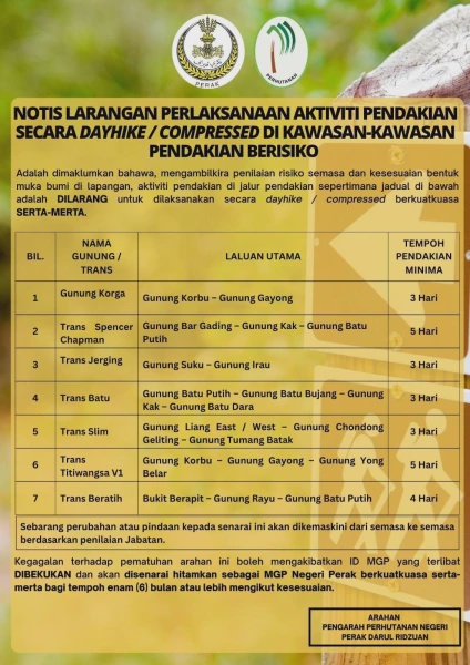 Image from: Notis Larangan Pendakian Secara "Dayhike" & "Compressed" Di 7  Kawasan Di Perak