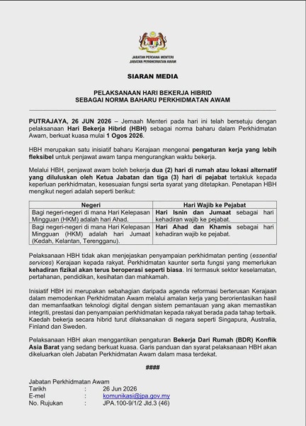 Image from: Hari Bekerja Hibrid Berkuat Kuasa Mulai 1 Ogos 2026 - JPA