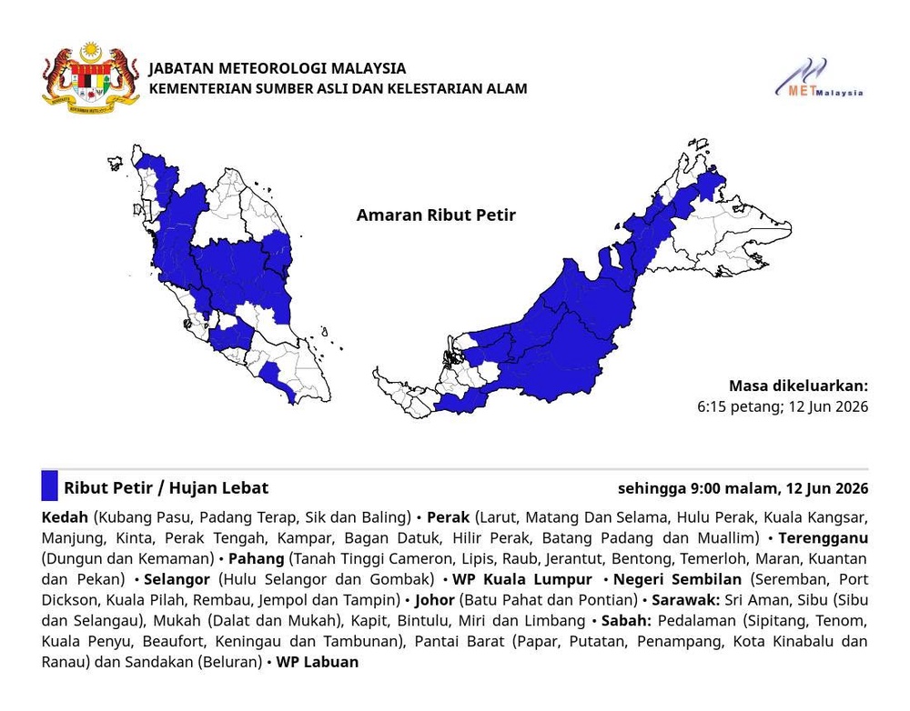 Image from: Amaran Hujan Lebat Di 9 Negeri, 2 Wilayah Malam Ini