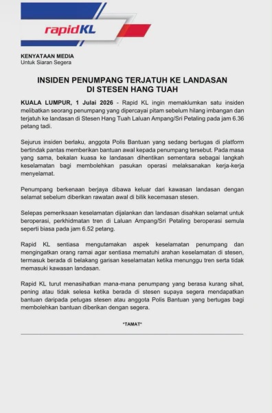 Image from: Rapid KL Perjelas Insiden Penumpang Terjatuh Ke Landasan Di Stesen Hang Tuah