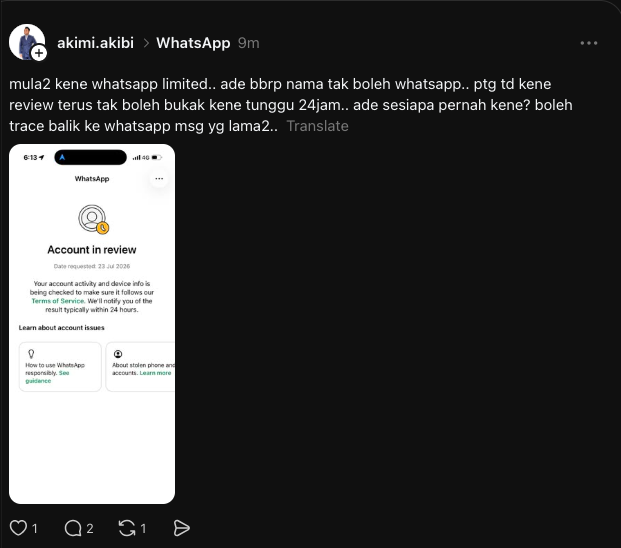 Image from: Ramai Tak Boleh Guna WhatsApp, Dakwa Akaun Tiba-Tiba Disekat