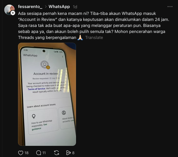 Image from: Ramai Tak Boleh Guna WhatsApp, Dakwa Akaun Tiba-Tiba Disekat