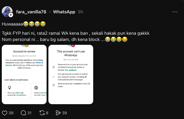 Image from: Ramai Tak Boleh Guna WhatsApp, Dakwa Akaun Tiba-Tiba Disekat